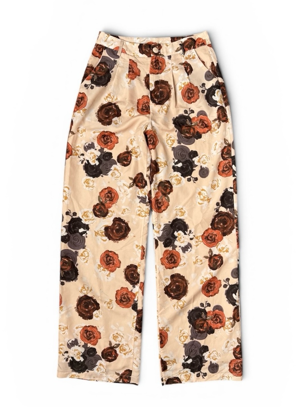 BAILEY ROSE FLORAL HIGH RISE WIDE LEG TROUSER PANTS CREAM BROWN ROSES SIZE MED - Picture 7 of 11